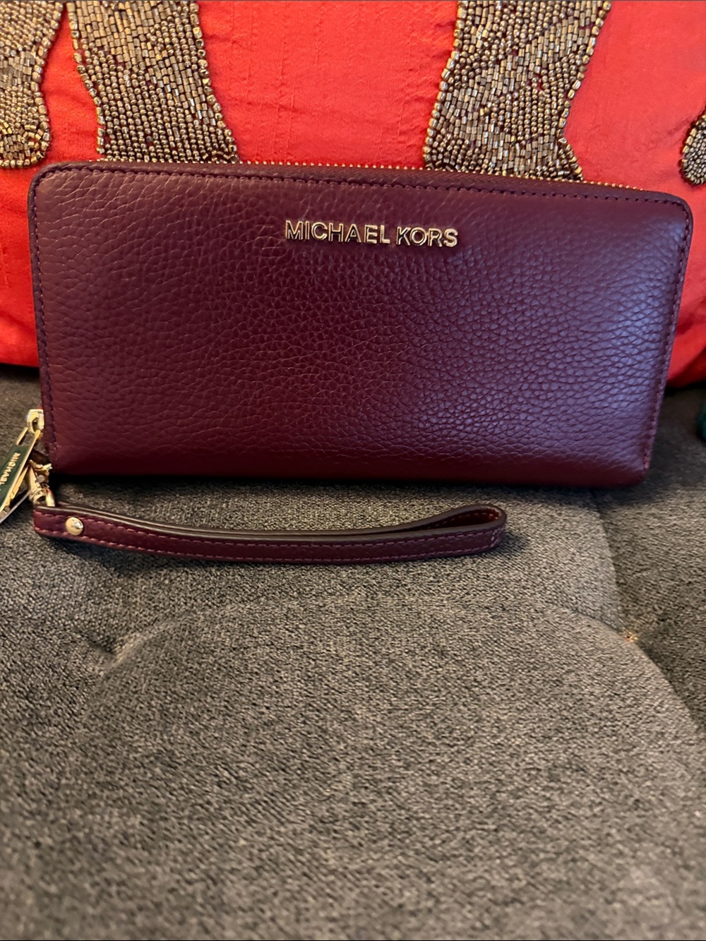 Michael Kors Burgundy Zip-Around Pebble Leather Wristlet Wallet